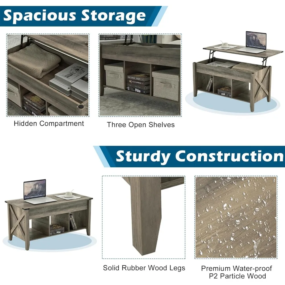 Tables basses relevables avec plateau élévateur, étagères de rangement, compartiment GNE, gris rustique