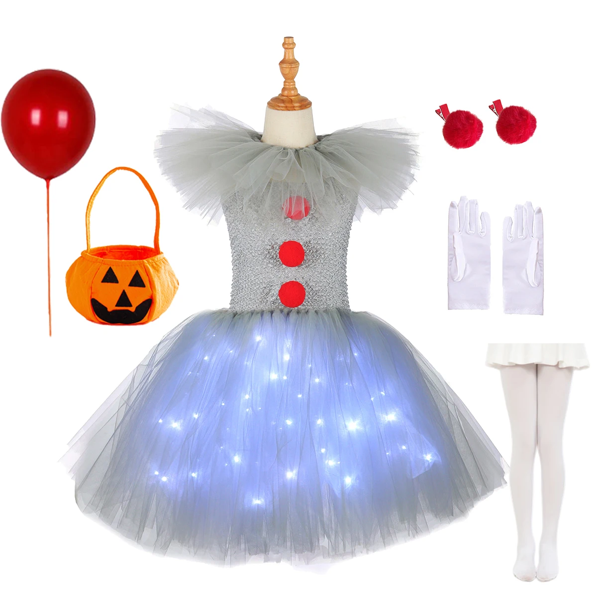 Halloween Gray Joker Girls  LED Light Up Costume Tutu Dress Creepy Clown Kids Carnival Party Cosplay Clothes Toddler Tulle Dress