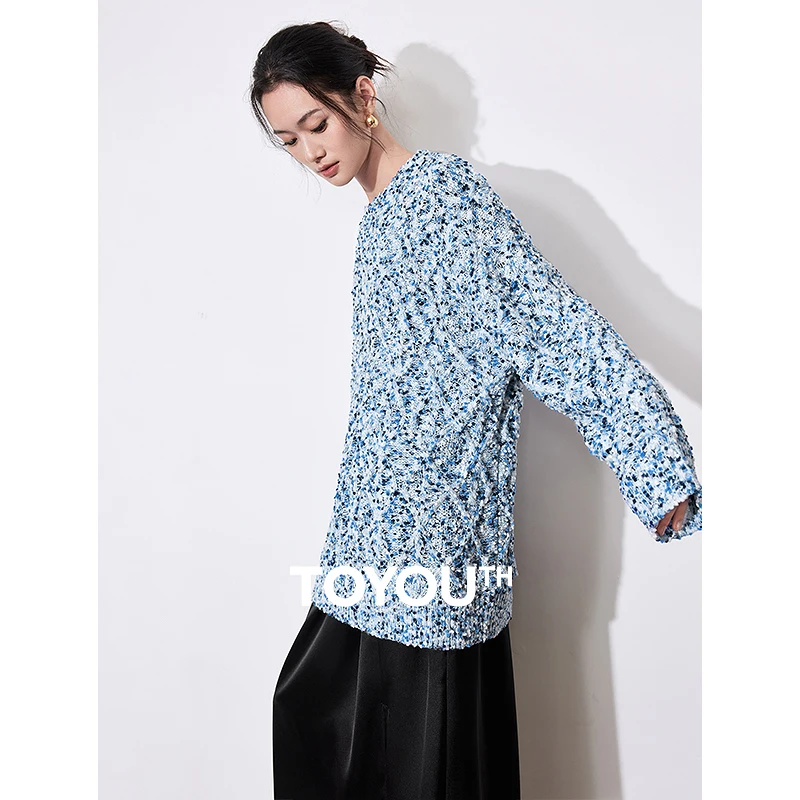 TOYOUTH Women Knitted Sweater 2025 Spring New Blue Dot Decor Round Neck Long Sleeve Romantic Pullover Knitted Sweater