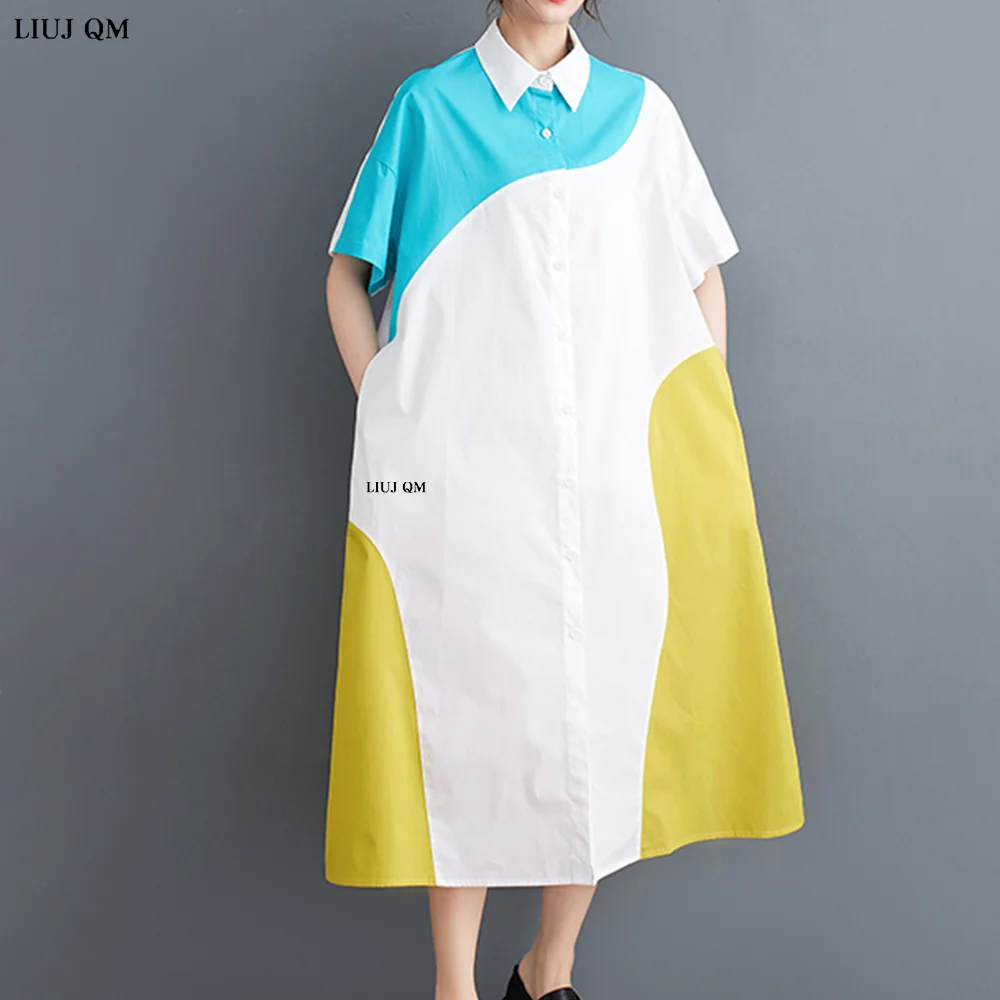 Short Sleeve Oversized Cotton Vintage Dresses For Women Casual Loose Long Summer Shirt Dress Elegant Plus size Clothing 2023