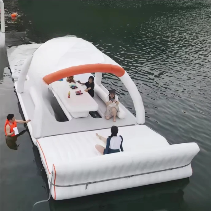 Outdoor Large Drop Stitch Inflatable Power Water Floating Island Modular Plastic Float Dock Pontoon Platform With Tent