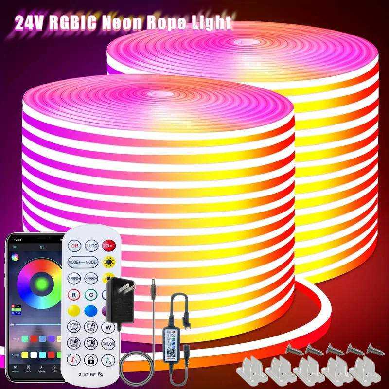 RGB-IC Neon LED Strip Lights DC24V Silicone Neon Rope Light with Music Sync Dreamcolor Chasing Strip Tape for Indoor Outdoor
