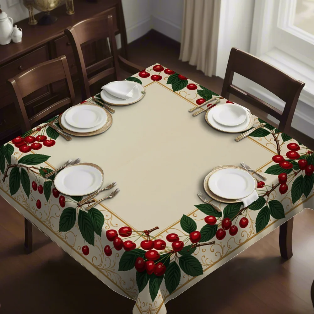 JIT1PC Cherry Green Leaf Pattern Embroidery Square Tablecloth Suitable for Holiday Gatherings and Daily Mealsyzb