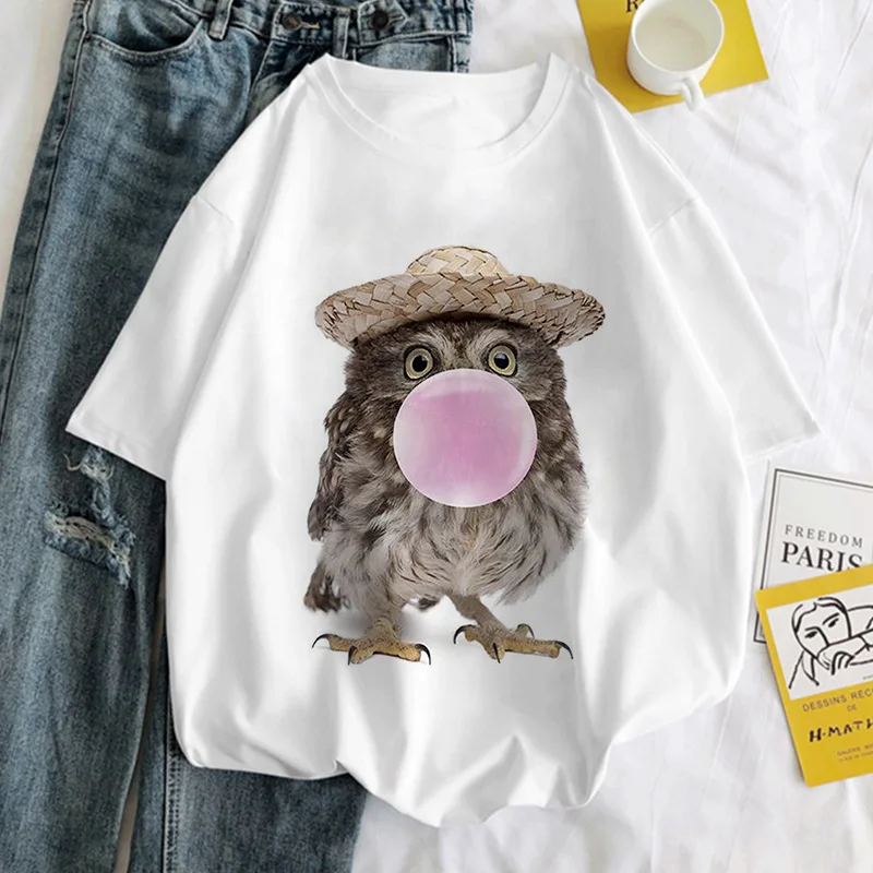 Women's T-shirt Short Sleeve New Cartoon Owl Blowing Bubbles Animal Tshirt Design Sense Round Neck White Base T Shirt Tops