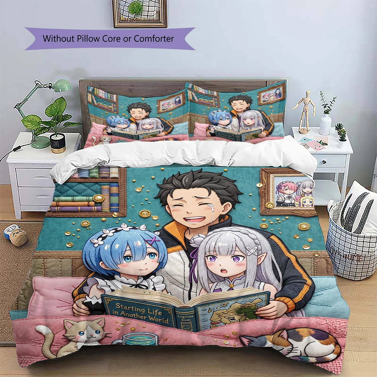 ReZero Patterned 3-Piece Pillowcase & Duvet Cover Set Anime Themed Bedroom Bedding Decor Ideal Gift for Fans YUN6516