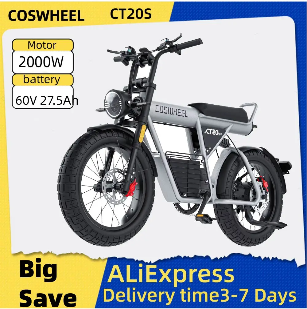

COSWHEEL CT20S E-Mountain bike For Adult 60V 27.5Ah Battery Double Hydraulic Disc Brakes 20*5.0 Inch Fat Tire Off-Road E-bike