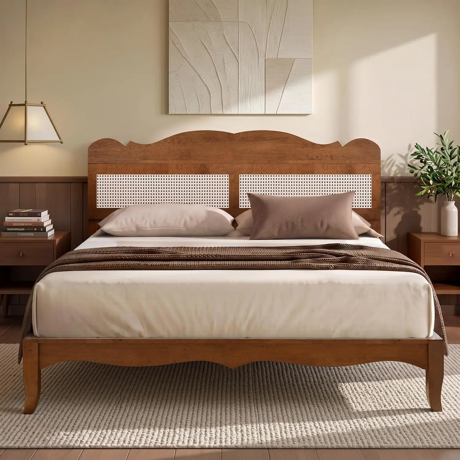 Solid Wood King Bed Frame Adjustable Headboard Brown, Customized