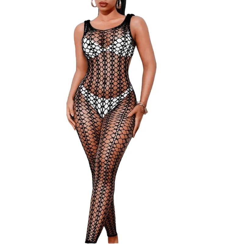 Bodysuit malha oca para mulheres, roupas de festa rave, lingerie sexy, macacão arrastão, roupas de dança exóticas, ver através dos bodas