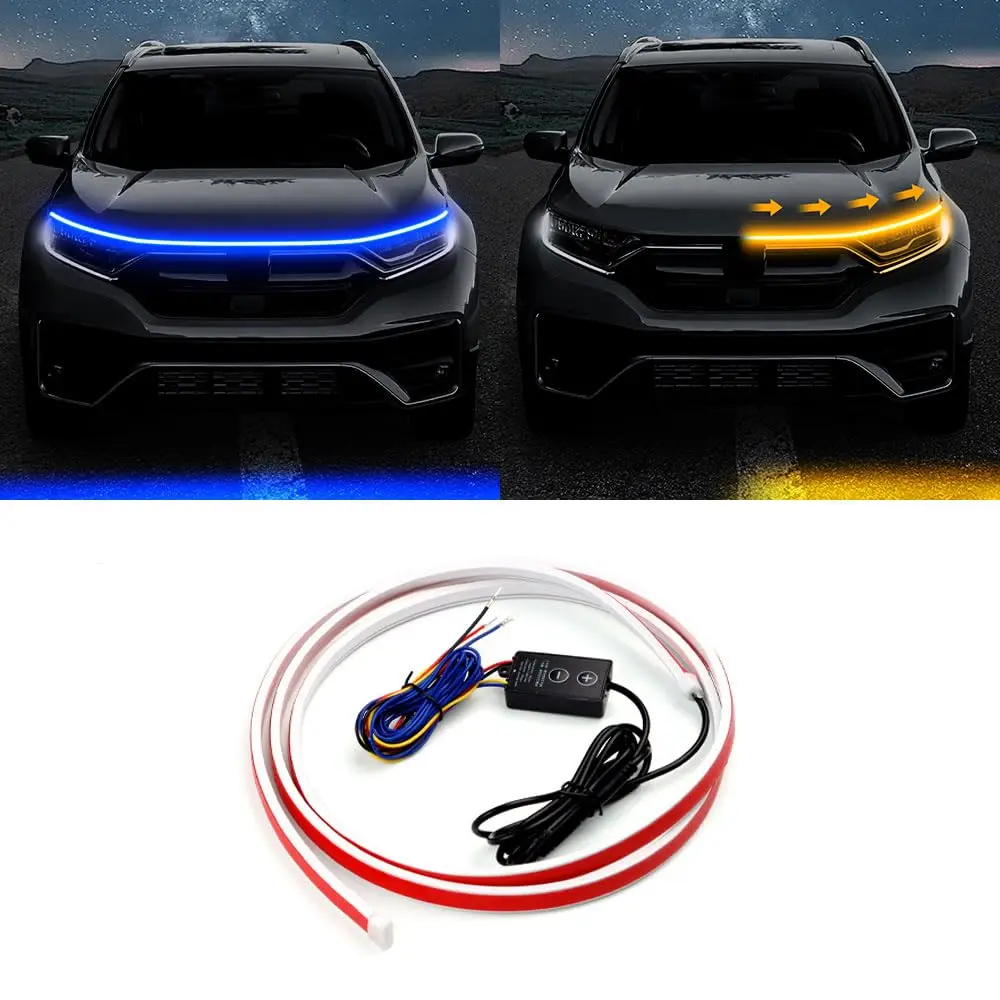 

LED Car Daytime Running Light Strip - Blue & Yellow Dual Color Plug And Play Start Scan Turn Signal 12V Universal Car Hood Light