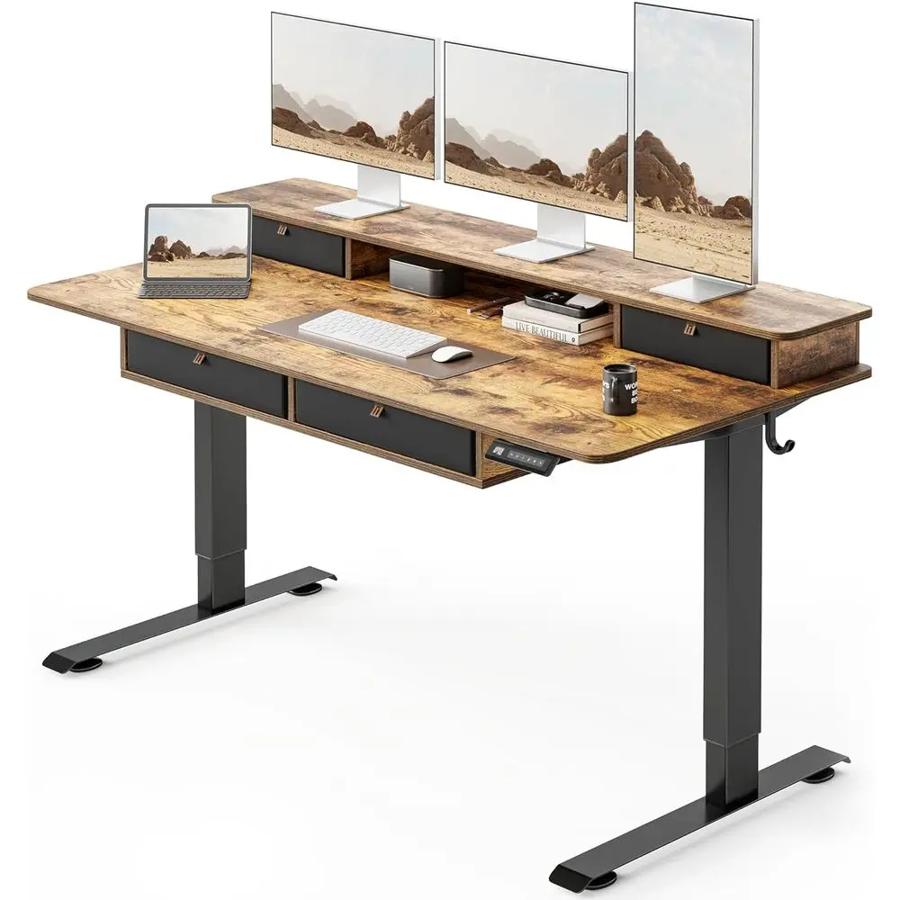 

Electric Height-Adjustable Standing Desk with Storage and Hooks, Rustic Brown