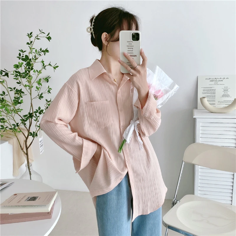 Spring Summer New Loose Pocket Patichwork Solid Shirts Tops Long Sleeve Polo Neck Simple Blouse Casual Fashion Women Clothing