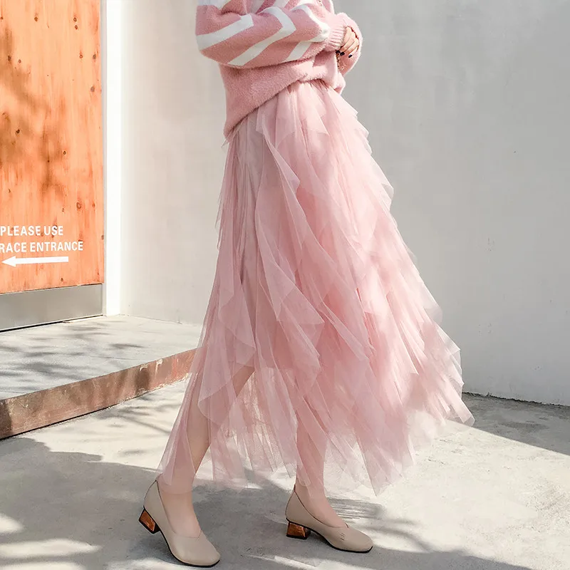 Women Irregular Lace Skirts 2025 Spring Summer Elastic High Waist Ball Gown Mesh Skirt Female A Line Large Hem Long Tutu Saia