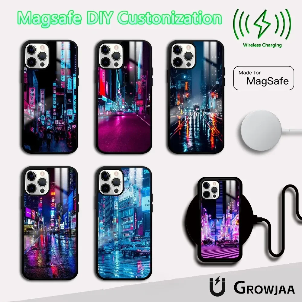 Punk Neon Lights City Street Phone Case For iPhone 16 15 14 13 12 11 Pro Max Plus Mini Magsafe Mirror Wireless Magnetic Cover