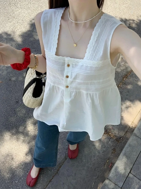 

White Square Collar Sleeveless Doll Shirt Loose Fit Short Length Shoulder Appropriate Summer Design Women's Top Button Closure