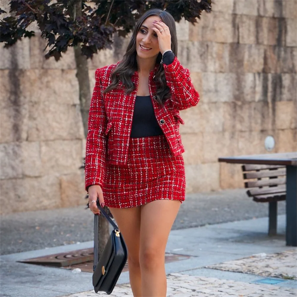 PB&ZA2024 autumn new women\'s clothing temperament commuting texture coarse tweed simple suit jacket high waisted skirt pants set