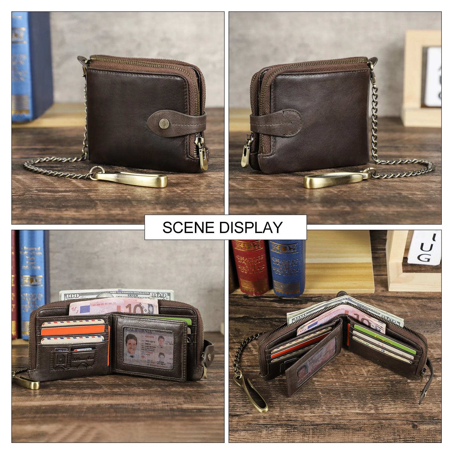 CONTACT'S Genuine Leather Metal Chain Short Wallets Anti Theft Mini Wallets Men Coin Purse Card Holder Money Clip Men's Bag Male