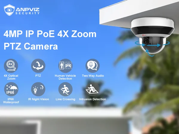 Anpviz 4MP PoE PTZ CCTV IP Dome Camera 4X Optical Zoom 2560x1440@30fps Security Camera Perimeter Protection Built-in Audio Alarm