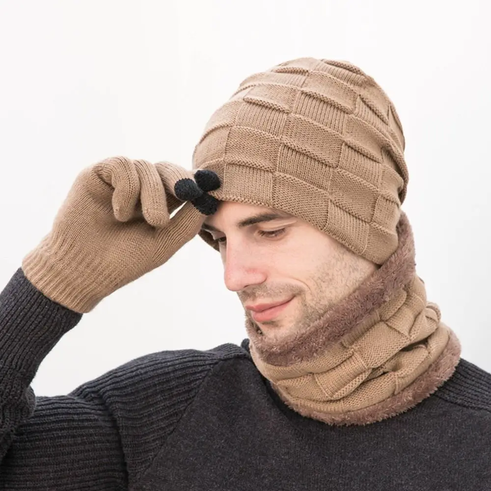 Gorro masculino de malha à prova de vento, boné casual e portátil cachecol macio e luvas, terno no pescoço, na moda