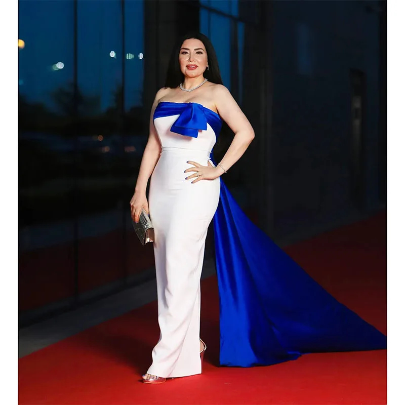 

Customized Prom Dress Red Carpet Strapless Neckline Evening Gowns With Blue Sweep Train Satin Special Occasion Formal Wear 2025