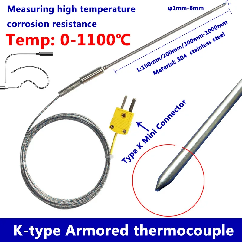 K-Type Thermocouple Sensor with High Temperature Stainless Steel Pointed Insertion Probe 500℃ with Stainless Steel Braided Cable