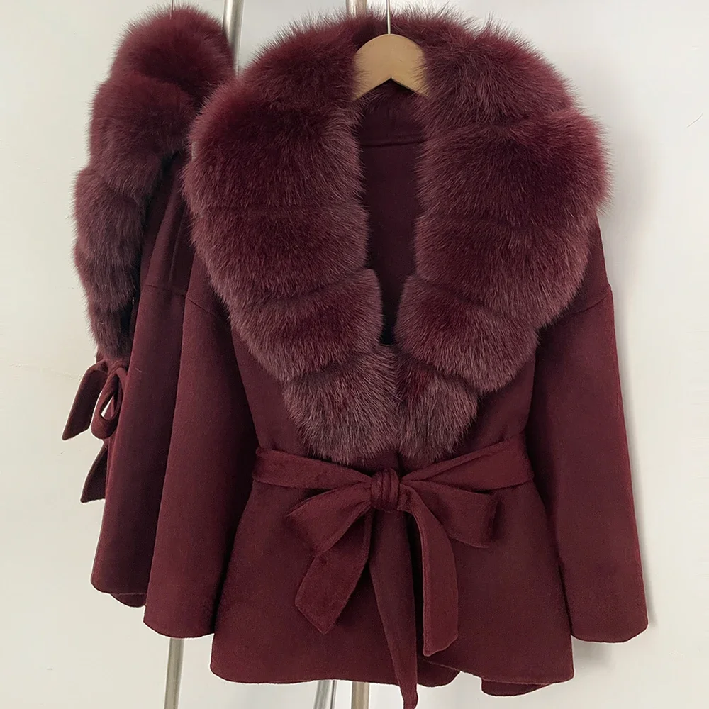 OFTBUY Neuer Damen Kurzmantel aus 100% Wolle Luxuriöse Winteroberbekleidung Übergroßer Echter Fuchspelzkragen Gürtel-Wickeljacke für Damen – Detail 19