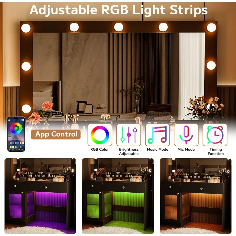 مكتب فانيتي مع مرآة وأضواء كبيرة، مكياج زجاجي مقاس 39.4 بوصة مع أدراج خزانة RGB مخرج طاقة 3 ألوان خفيفة