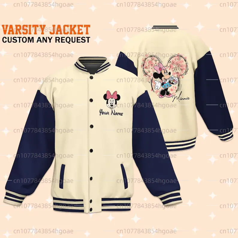 Free Customized Name Disney Minnie Baseball Jacket Disney Casual Baseball Jacket Oversize Street Men\'s and Women\'s Jacket
