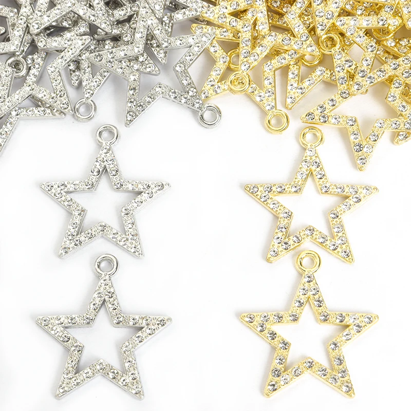 10pcs Sparkling Star Crystals Rhinestones Metal Charms 21*23mm Pentagram Gold Silver Color Alloy Pendants for DIY Jewelry Making