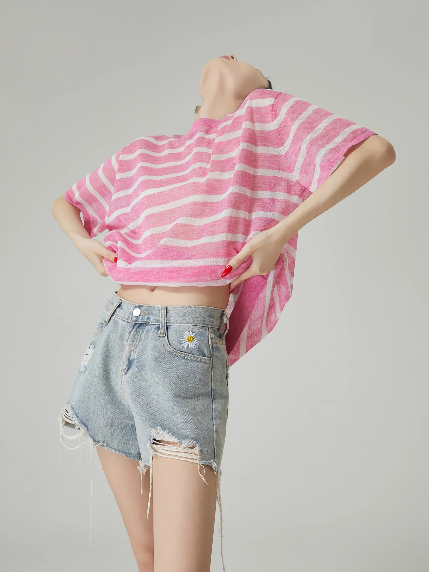 

Dopamine Pink Striped round Neck Knitted Sweater Women's Lightweight Breathable Loose High-End Feeling Cover up Short Sleeve ...