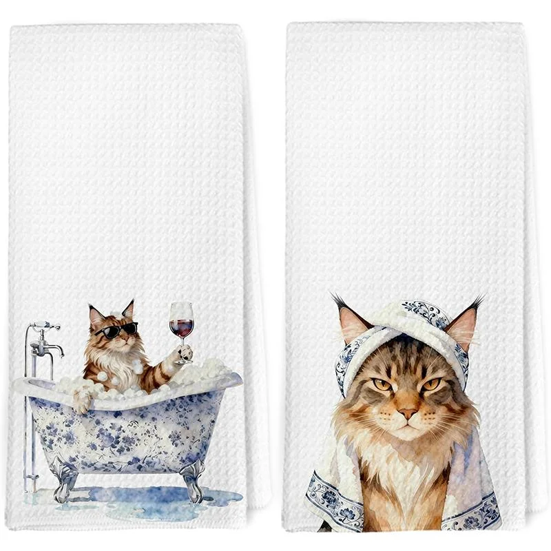 2-Pack Maine  Cat Blue and White Porcelain Themed Printed Kitchen Towels, Dish Towels, Hand Towels, Kitchen Decorative Towels, Neighbor Gifts, Sweet Housewarming Gifts for Friends, Mom Gifts, Friend Birthday Gifts