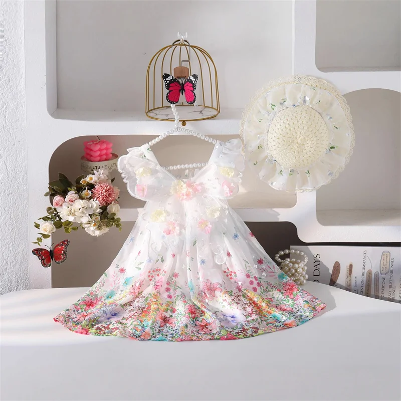 Children Fashion Dresses Girls 3D Butterfly Fairy-Style Petal Sleeve Flower Print Dress Kids Elastic Waist A-Line Skirt 3-10Y