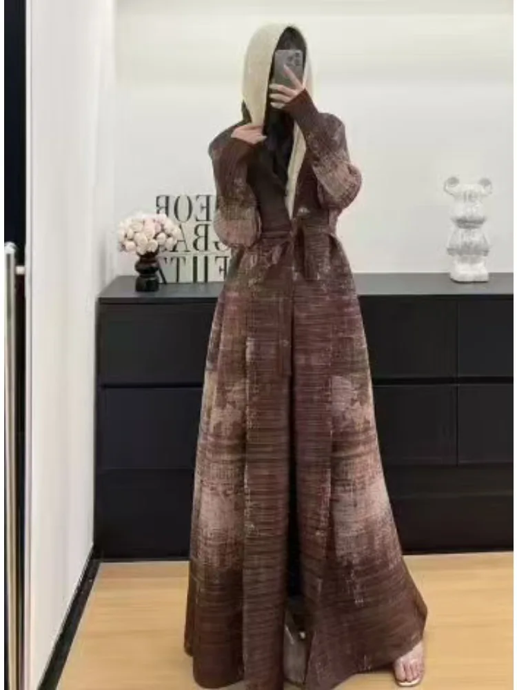 Miyake Pleated Muslim Fashion Printed Cardigan Women's Robe Cape Jacket Long Trench Coat