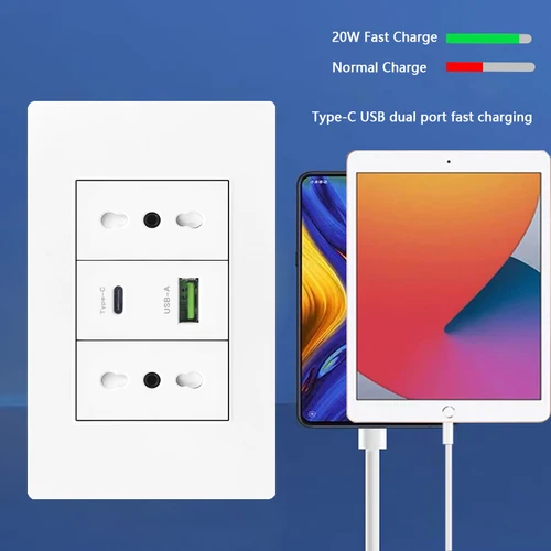 Imagen 2 del producto Italia Chile México USB inteligente tipo c 20W enchufe de pared de carga rápida, Panel de interruptor de luz eléctrica de Brasil enchufe USB c Universal