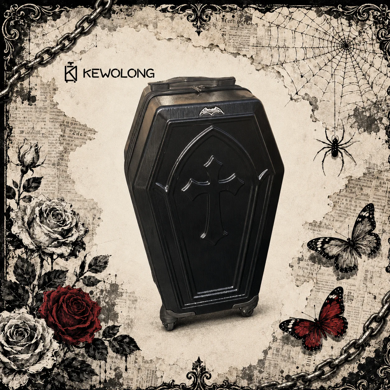 Dark Gothic Coffin Trolley Luggage Embossed Cross Hard Shell ABS Suitcase 4 Wheels for Halloween Alternative Style Travel