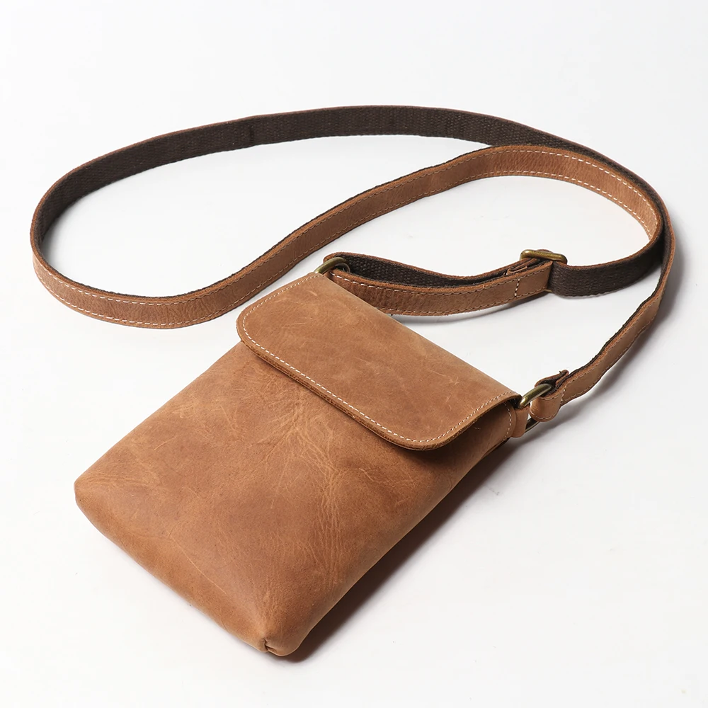 Women's Vintage Crazy Horse Leather Shoulder Bag, Cowhide Phone Sling, Messenger Bag, Adj Strap, Travel (Brown/Black/Dark Brown) view 4