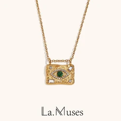 La. Muses Peacock Stone Eye Shiny Cubic Zirconia Square Pendant Stainless steel Retro Fashion Waterproof Jewelry Gift