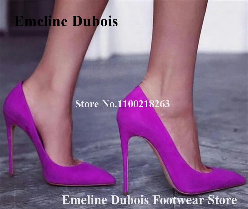 

12cm Purple Suede Pumps Emeline Dubois Brand Design Pointed Toe Stiletto Heel Shallow Dress Heels Slip-on Wedding Shoes Big Size