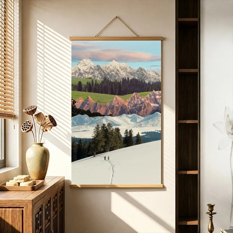 Wall Art Open Country Roads through Four Seasons, Natural Landscape Pearlescent Canvas Wall Hanging Scroll for Vacation Villa