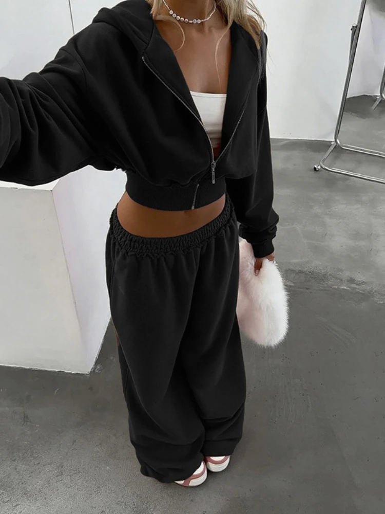 

Модные повседневные пальто и брюки на молнии с капюшоном, комплекты из 2 предметов, женские осенние однотонные толстовки с капюшоном, брюки, спортивные костюмы, уличная одежда