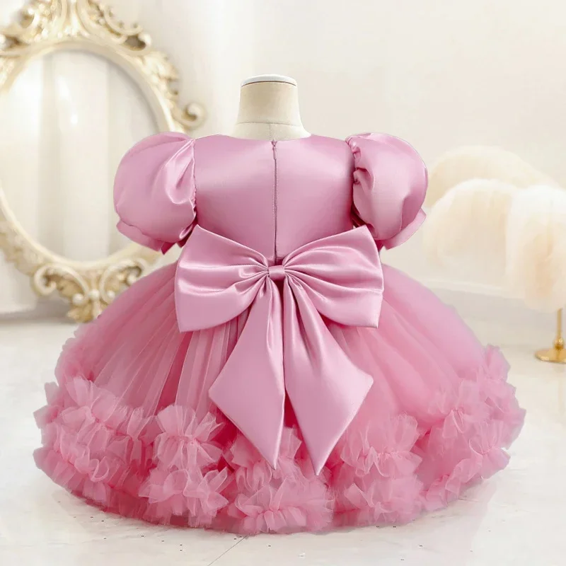 Bowknot Birthday Party Dress for Girl Puff Sleeve Elegant Kids Appliques Princess Dress Sequins Wedding Holiday Baby Girls Dress