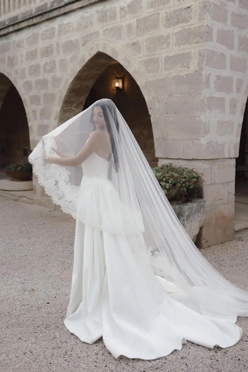 

Cathedral Chantilly Lace Bridal Veil 1 Tier Veil with Blusher Mantilla Wedding Veil Handmade Custom Length