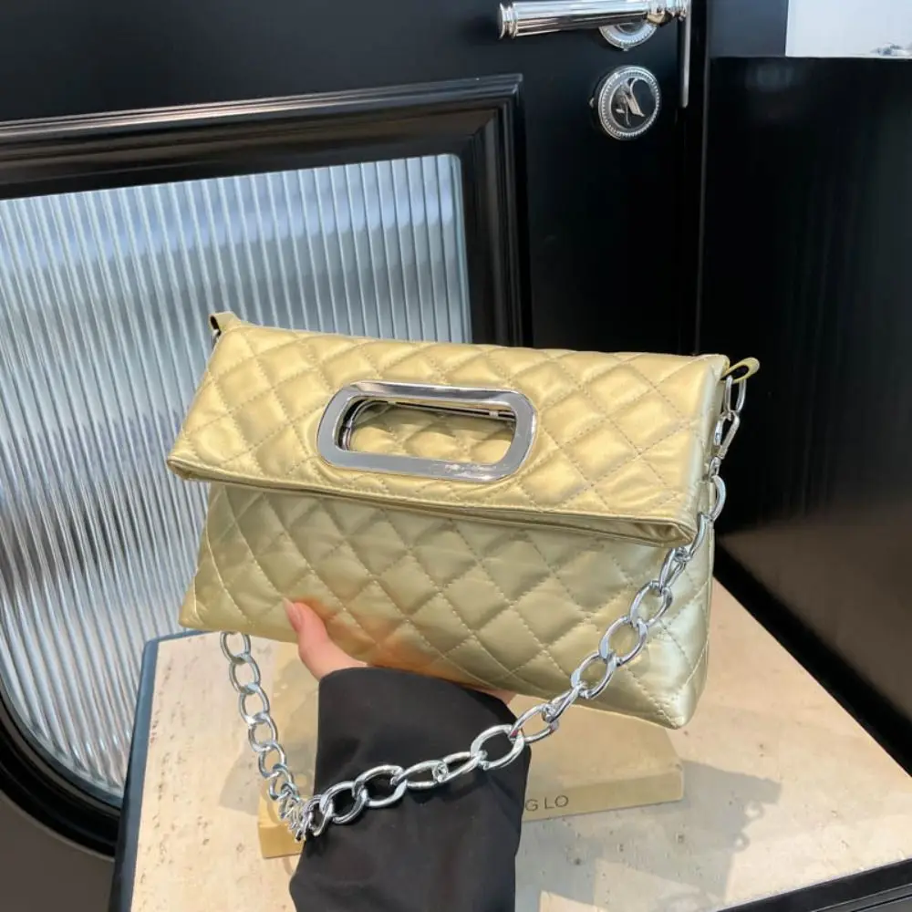 

Solid Color Folding Handbag Grid Patterned Korean Style Chain Shoulder Bag Underarm Bag Phone Purse Evening Clutch Bag Banquet