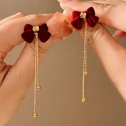 Burgundy Bow Dangle Earrings Long Tassel Pearl Pendant Flocking Earrings Women Lucky Wedding Jewelry Girl Gift Party Accessories