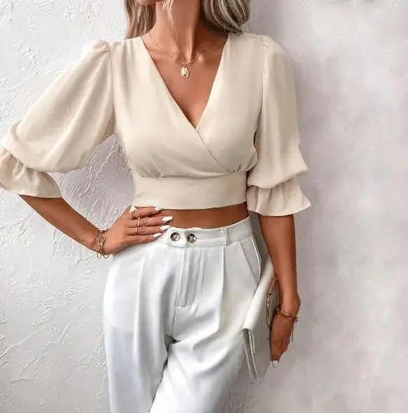 

Elegant Women's V-Neck Bubble Sleeve Solid Pullover Top In 2026 Temperament Female Fashion Back Lace Up Crop T-Shirt
