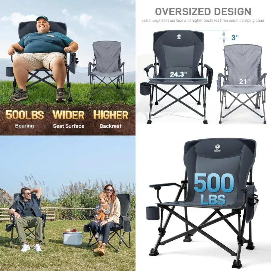 

Oversized Folding Camping Chair, for Adults Heavy Duty Lawn Chair with Side Pockets, Portable Collapsible Quad Chair for Outsid