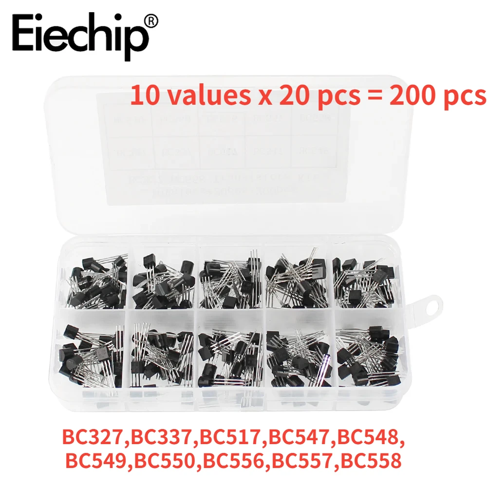 200PCS TO-92 Transistor Assorted Kit PNP NPN Transistors 10Values BC327 BC337 BC517 BC547 BC548 BC549 BC550 BC556 BC557 BC558