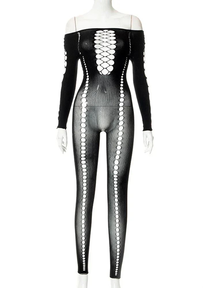 YUZHEXI Tuta sexy con fori strappati in rete trasparente a maniche lunghe tuta skinny per donna discoteca con spalline