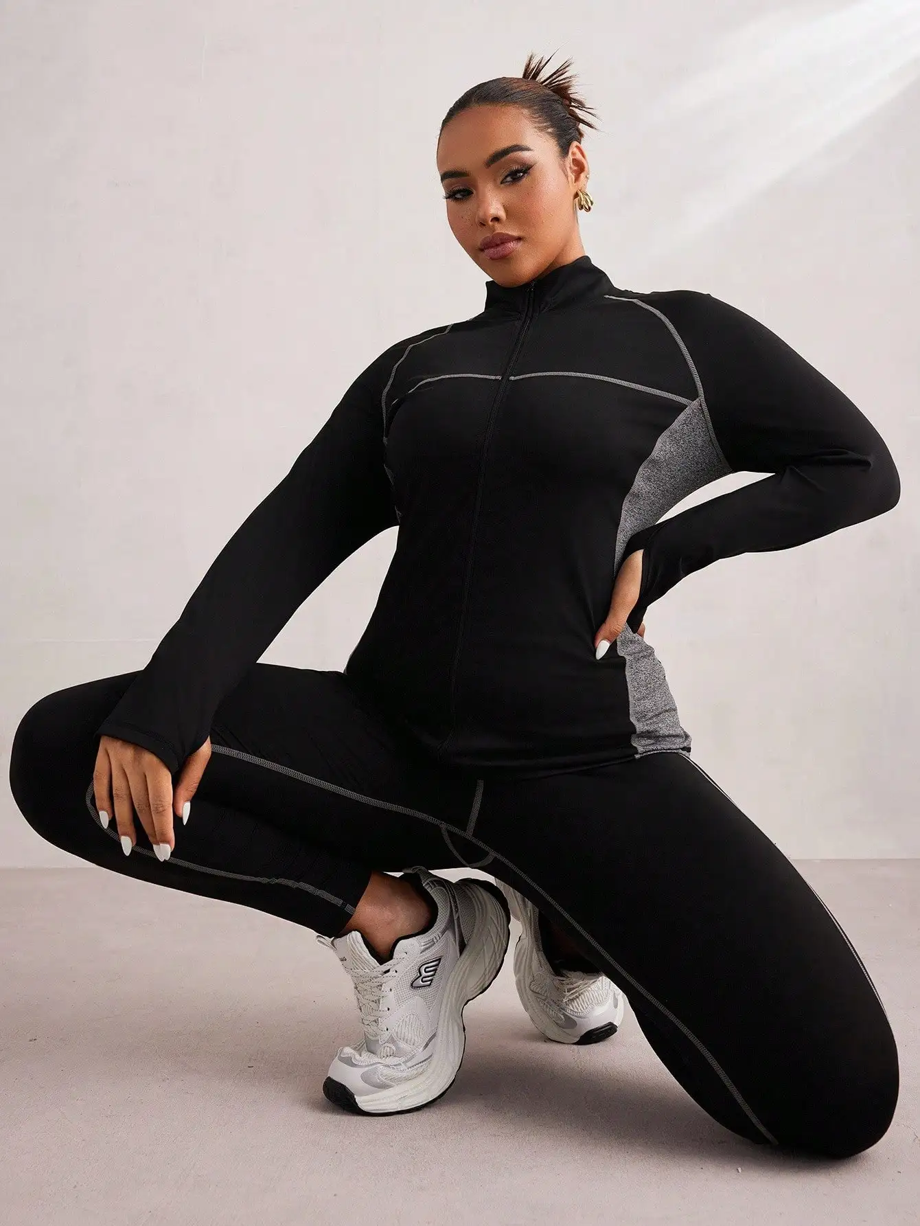 Plus Size Color Block Long Sleeve Zip-Up Jacket & Leggings Activewear Set for Women