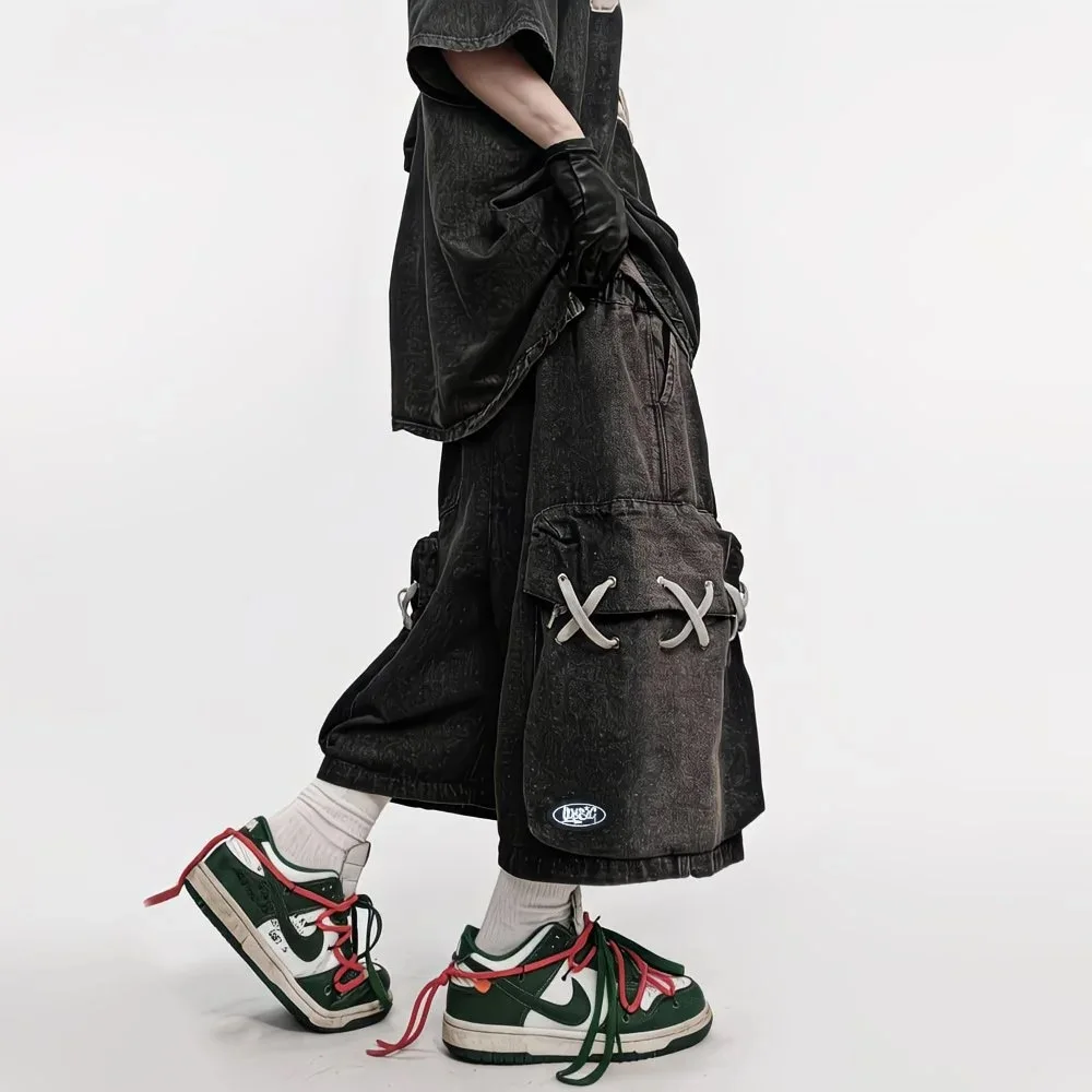 

Vintage Denim Shorts Mens Streetwear Hip Hop Knee Length Pants Pocket Drawstring Harajuku Baggy Casual Wide-leg Short Male