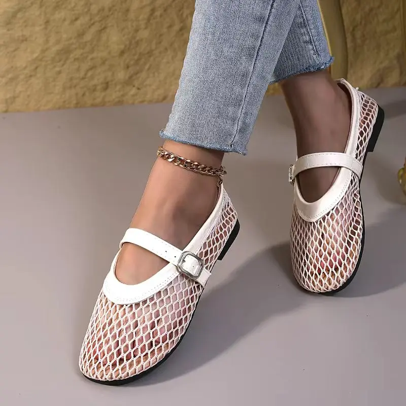 

2025 New Women's Hollow-Out Mesh Flats - French Style Slip-On Shoes with Buckle Strap, Breathable Casual Shoes for Spring/Fall